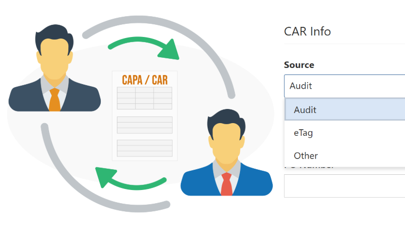 Icon and software screenshot of integrated corrective action tracking software with integrated data sources